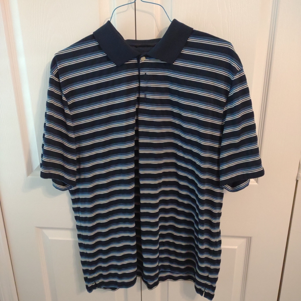 CHAPS Polo Shirt Men’s Various Blues and White Striped 100% Polyester Size XXL